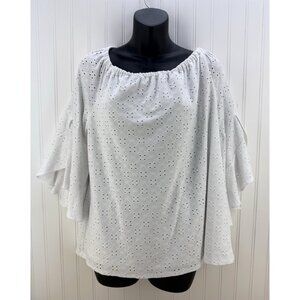 Chaus New York Women's  L Large Top White 3/4 Ruffle Sleeve Off Shoulder Eyelet